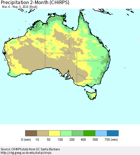 Australia Precipitation 2-Month (CHIRPS) Thematic Map For 3/6/2021 - 5/5/2021