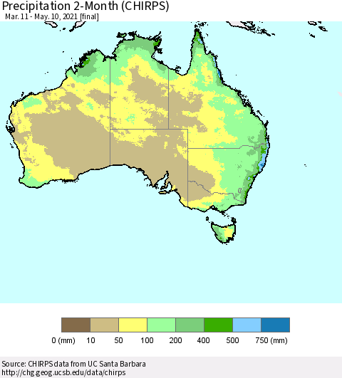 Australia Precipitation 2-Month (CHIRPS) Thematic Map For 3/11/2021 - 5/10/2021