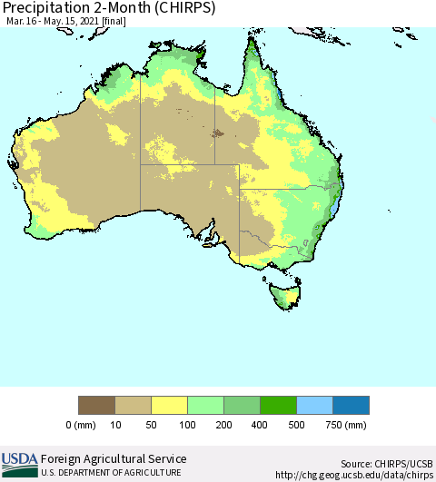 Australia Precipitation 2-Month (CHIRPS) Thematic Map For 3/16/2021 - 5/15/2021