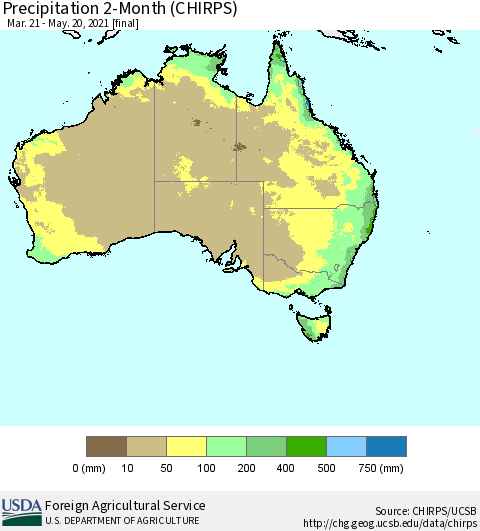 Australia Precipitation 2-Month (CHIRPS) Thematic Map For 3/21/2021 - 5/20/2021
