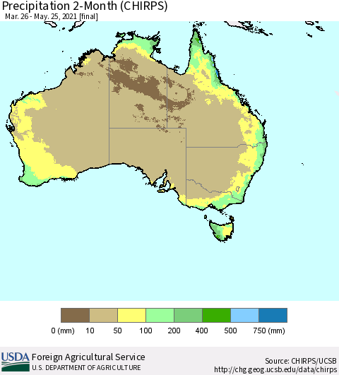 Australia Precipitation 2-Month (CHIRPS) Thematic Map For 3/26/2021 - 5/25/2021