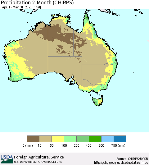 Australia Precipitation 2-Month (CHIRPS) Thematic Map For 4/1/2021 - 5/31/2021