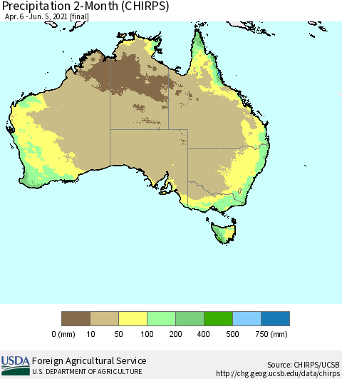 Australia Precipitation 2-Month (CHIRPS) Thematic Map For 4/6/2021 - 6/5/2021