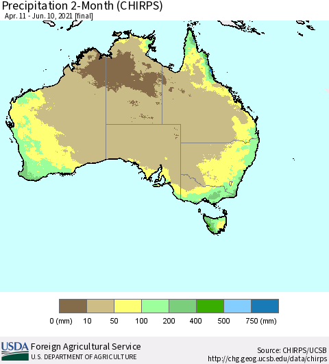 Australia Precipitation 2-Month (CHIRPS) Thematic Map For 4/11/2021 - 6/10/2021