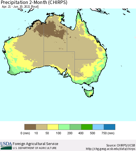 Australia Precipitation 2-Month (CHIRPS) Thematic Map For 4/21/2021 - 6/20/2021