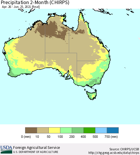Australia Precipitation 2-Month (CHIRPS) Thematic Map For 4/26/2021 - 6/25/2021