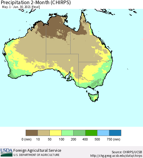 Australia Precipitation 2-Month (CHIRPS) Thematic Map For 5/1/2021 - 6/30/2021