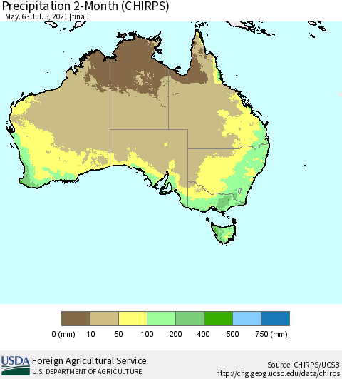 Australia Precipitation 2-Month (CHIRPS) Thematic Map For 5/6/2021 - 7/5/2021