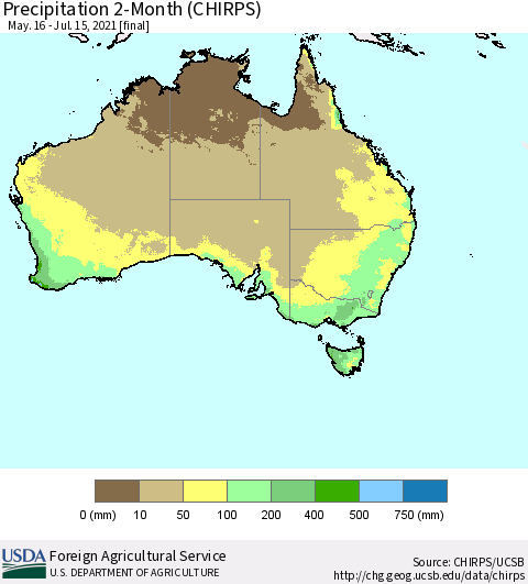 Australia Precipitation 2-Month (CHIRPS) Thematic Map For 5/16/2021 - 7/15/2021