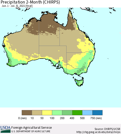 Australia Precipitation 2-Month (CHIRPS) Thematic Map For 6/1/2021 - 7/31/2021