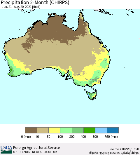 Australia Precipitation 2-Month (CHIRPS) Thematic Map For 6/21/2021 - 8/20/2021