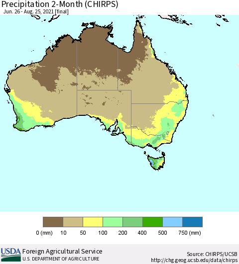 Australia Precipitation 2-Month (CHIRPS) Thematic Map For 6/26/2021 - 8/25/2021