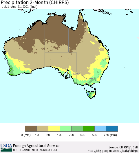 Australia Precipitation 2-Month (CHIRPS) Thematic Map For 7/1/2021 - 8/31/2021