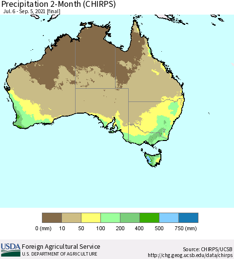 Australia Precipitation 2-Month (CHIRPS) Thematic Map For 7/6/2021 - 9/5/2021