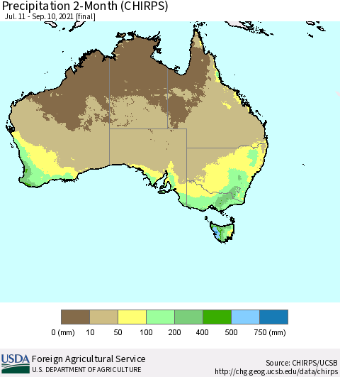 Australia Precipitation 2-Month (CHIRPS) Thematic Map For 7/11/2021 - 9/10/2021