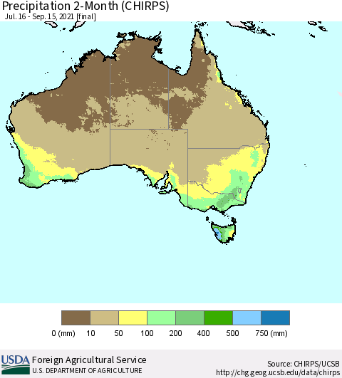 Australia Precipitation 2-Month (CHIRPS) Thematic Map For 7/16/2021 - 9/15/2021
