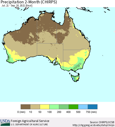 Australia Precipitation 2-Month (CHIRPS) Thematic Map For 7/21/2021 - 9/20/2021