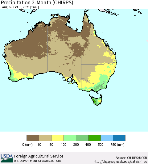 Australia Precipitation 2-Month (CHIRPS) Thematic Map For 8/6/2021 - 10/5/2021