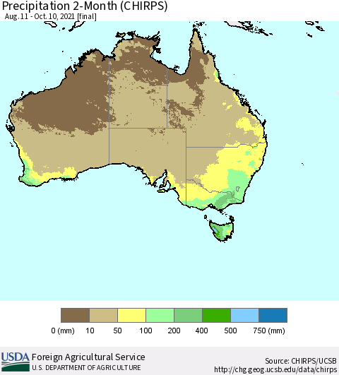 Australia Precipitation 2-Month (CHIRPS) Thematic Map For 8/11/2021 - 10/10/2021