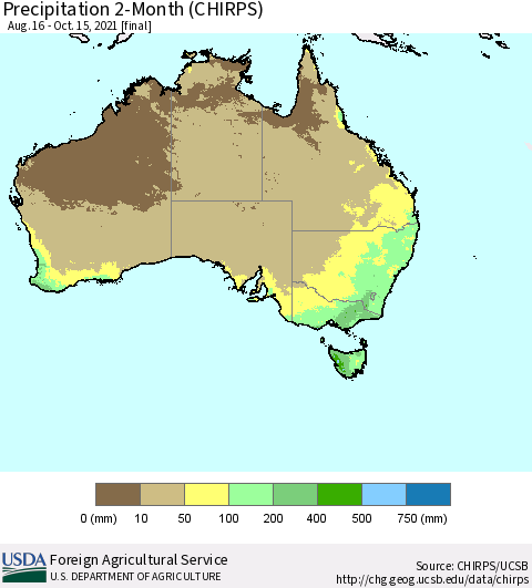 Australia Precipitation 2-Month (CHIRPS) Thematic Map For 8/16/2021 - 10/15/2021