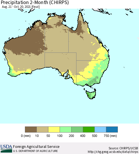 Australia Precipitation 2-Month (CHIRPS) Thematic Map For 8/21/2021 - 10/20/2021