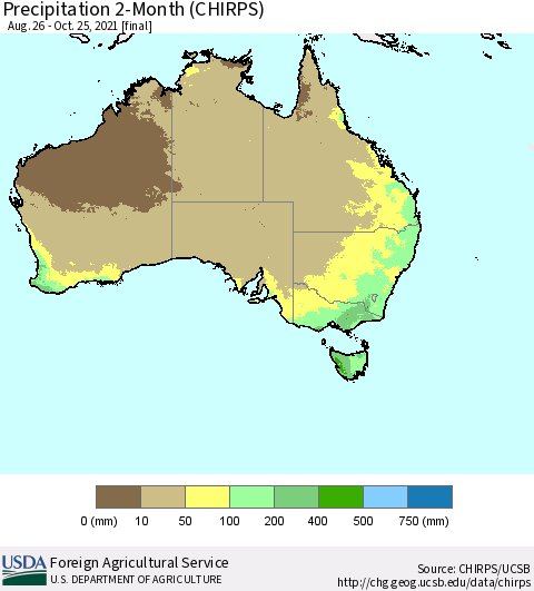 Australia Precipitation 2-Month (CHIRPS) Thematic Map For 8/26/2021 - 10/25/2021