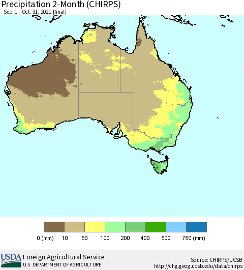 Australia Precipitation 2-Month (CHIRPS) Thematic Map For 9/1/2021 - 10/31/2021