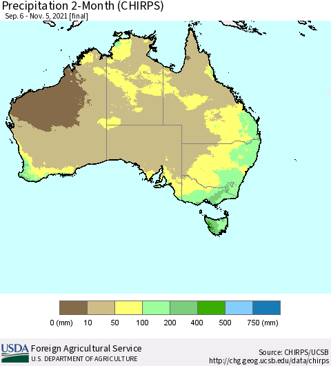 Australia Precipitation 2-Month (CHIRPS) Thematic Map For 9/6/2021 - 11/5/2021