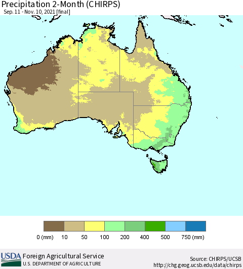 Australia Precipitation 2-Month (CHIRPS) Thematic Map For 9/11/2021 - 11/10/2021