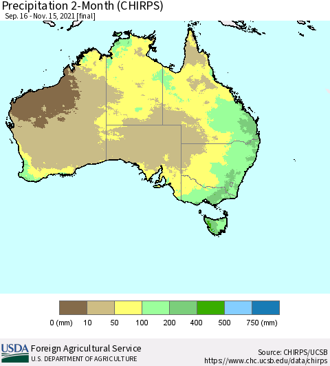 Australia Precipitation 2-Month (CHIRPS) Thematic Map For 9/16/2021 - 11/15/2021
