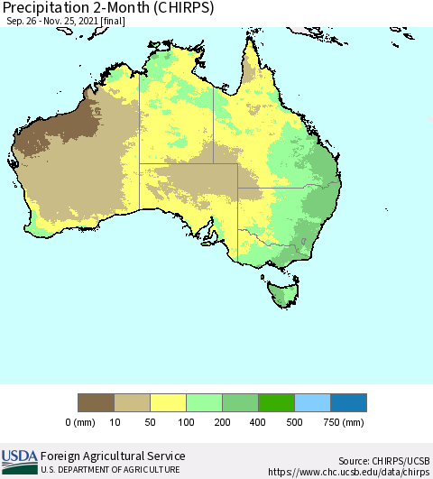 Australia Precipitation 2-Month (CHIRPS) Thematic Map For 9/26/2021 - 11/25/2021