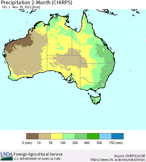 Australia Precipitation 2-Month (CHIRPS) Thematic Map For 10/1/2021 - 11/30/2021