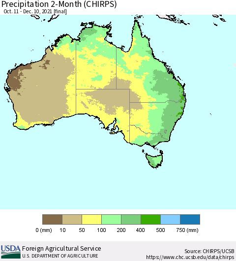Australia Precipitation 2-Month (CHIRPS) Thematic Map For 10/11/2021 - 12/10/2021