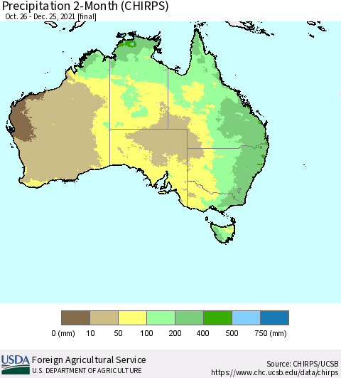 Australia Precipitation 2-Month (CHIRPS) Thematic Map For 10/26/2021 - 12/25/2021