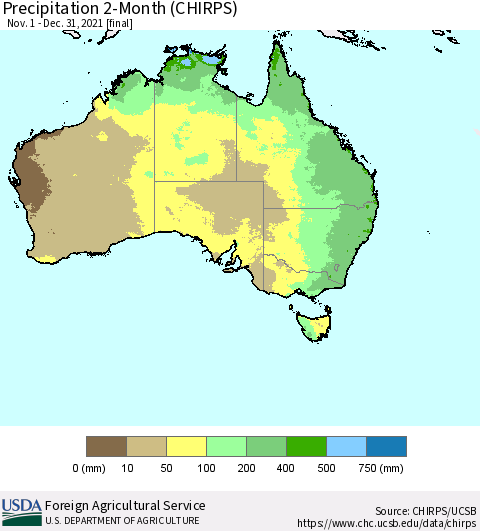 Australia Precipitation 2-Month (CHIRPS) Thematic Map For 11/1/2021 - 12/31/2021