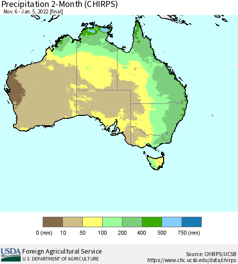 Australia Precipitation 2-Month (CHIRPS) Thematic Map For 11/6/2021 - 1/5/2022