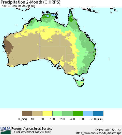Australia Precipitation 2-Month (CHIRPS) Thematic Map For 11/11/2021 - 1/10/2022