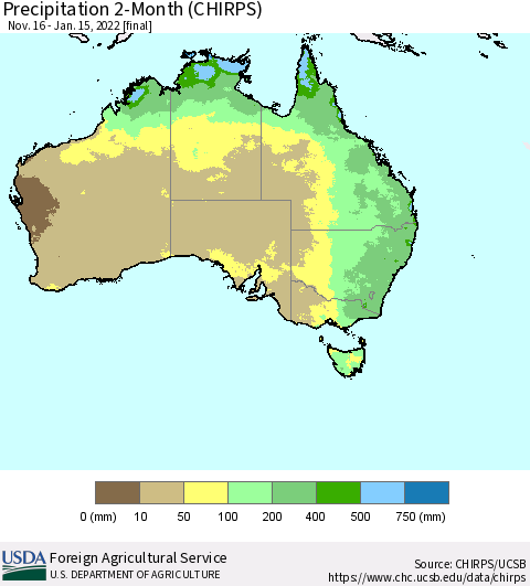 Australia Precipitation 2-Month (CHIRPS) Thematic Map For 11/16/2021 - 1/15/2022