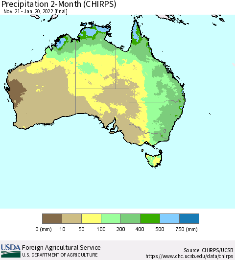 Australia Precipitation 2-Month (CHIRPS) Thematic Map For 11/21/2021 - 1/20/2022