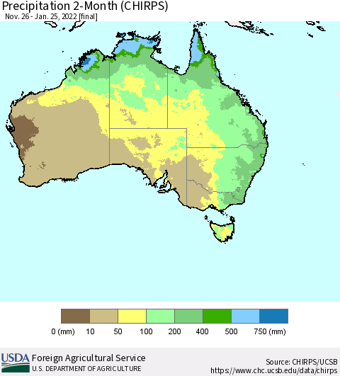 Australia Precipitation 2-Month (CHIRPS) Thematic Map For 11/26/2021 - 1/25/2022