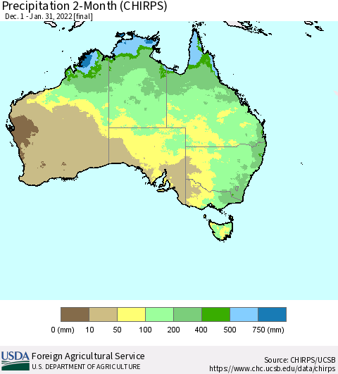 Australia Precipitation 2-Month (CHIRPS) Thematic Map For 12/1/2021 - 1/31/2022