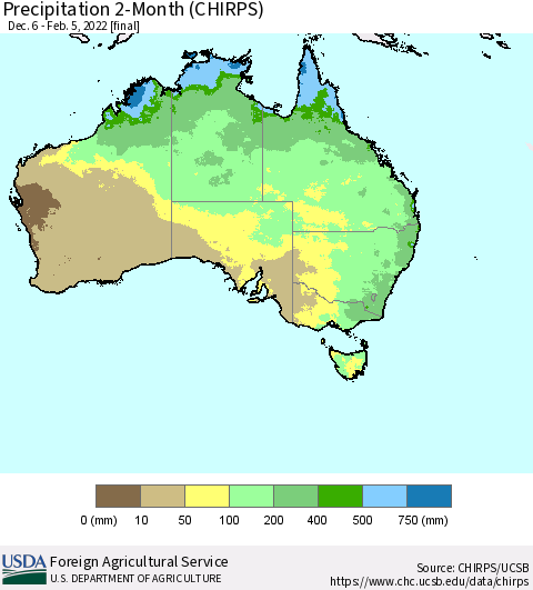 Australia Precipitation 2-Month (CHIRPS) Thematic Map For 12/6/2021 - 2/5/2022