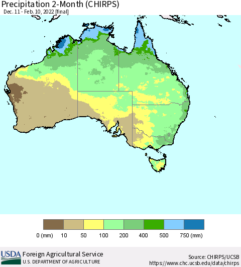 Australia Precipitation 2-Month (CHIRPS) Thematic Map For 12/11/2021 - 2/10/2022