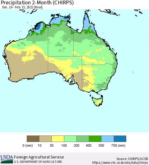 Australia Precipitation 2-Month (CHIRPS) Thematic Map For 12/16/2021 - 2/15/2022