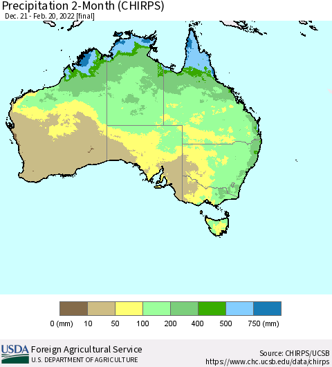 Australia Precipitation 2-Month (CHIRPS) Thematic Map For 12/21/2021 - 2/20/2022