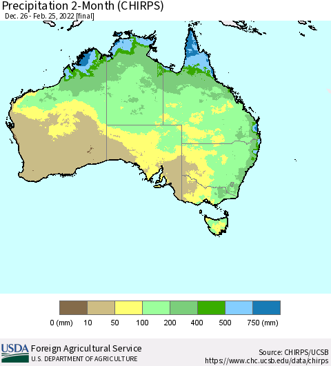 Australia Precipitation 2-Month (CHIRPS) Thematic Map For 12/26/2021 - 2/25/2022
