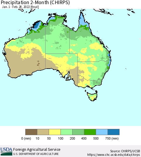 Australia Precipitation 2-Month (CHIRPS) Thematic Map For 1/1/2022 - 2/28/2022