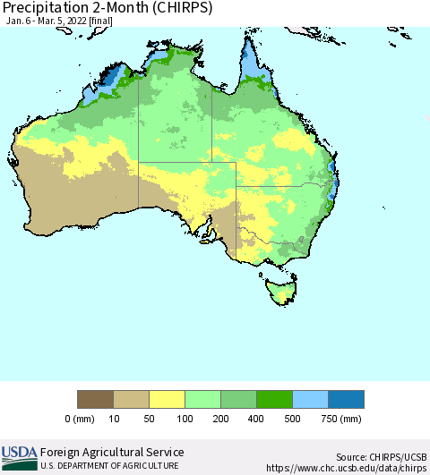 Australia Precipitation 2-Month (CHIRPS) Thematic Map For 1/6/2022 - 3/5/2022