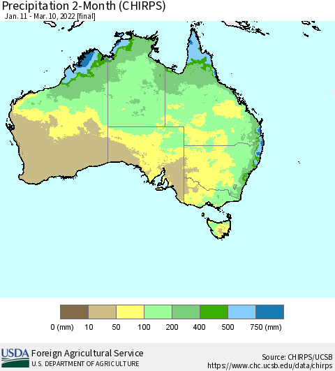 Australia Precipitation 2-Month (CHIRPS) Thematic Map For 1/11/2022 - 3/10/2022