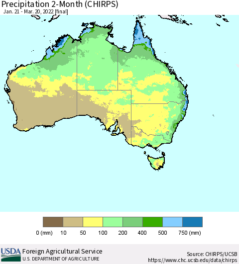 Australia Precipitation 2-Month (CHIRPS) Thematic Map For 1/21/2022 - 3/20/2022
